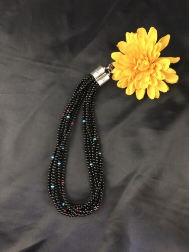 Navajo Black Onyx Coral Turquoise Bead Necklace | Sterling Silver | 18" | Authentic Native American Handmade | 10171