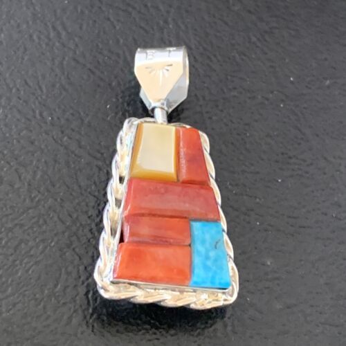 Zuni Yellow Mother of Pearl Turquoise Coral Inlay Sun Face Pendant | Sterling Silver | 2-Sided | 1684