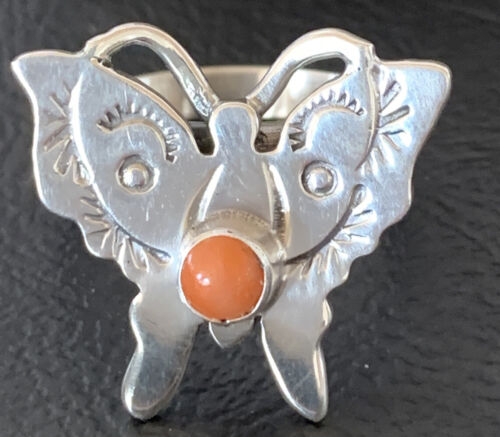 Navajo Orange Spiny Oyster Butterfly Ring | Sterling Silver | Sz Adj 8 | Authentic Native American Handmade | 10351