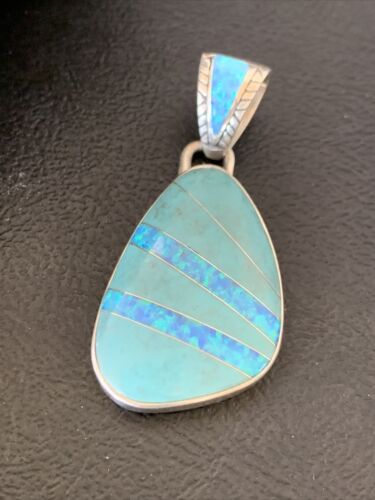 Men's Women's Navajo Blue Turquoise Opal Inlay Pendant | Sterling Silver | Authentic Native American Handmade | 12488