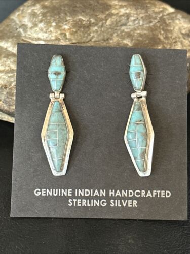 Navajo Blue Turquoise Inlay Earrings | Sterling Silver | 1" | Authentic Native American Handmade | 14775