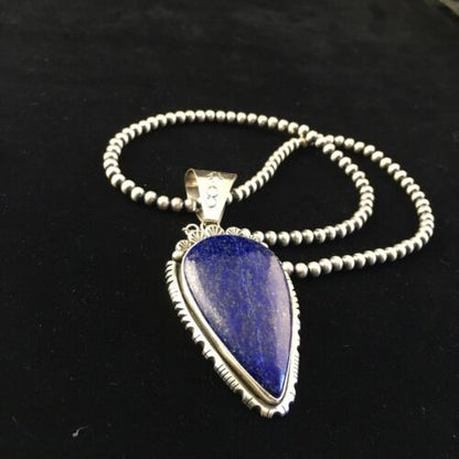 Native American Men's Navajo Pearls Necklace Pendant | Sterling Silver | Blue Lapis | 10081