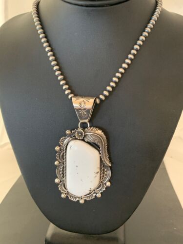 Men's White Buffalo Turquoise Pendant Necklace | Navajo Sterling Silver | 4124