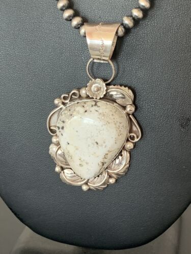 Navajo Pearls Necklace with White Buffalo Turquoise Pendant | Sterling Silver | Authentic Native American Handmade | 349