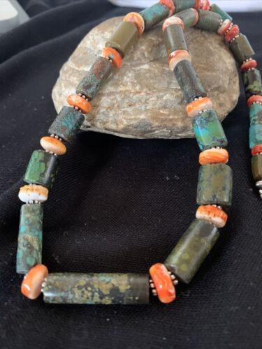 Navajo Green Turquoise and Spiny Oyster Necklace | Sterling Silver | Authentic Native American Handmade | 24" | 893