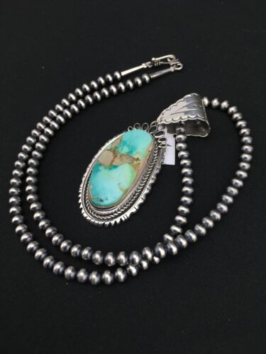 Royston Turquoise Pendant | Navajo Pearls Sterling Silver Necklace | Authentic Native American Handmade | 4820