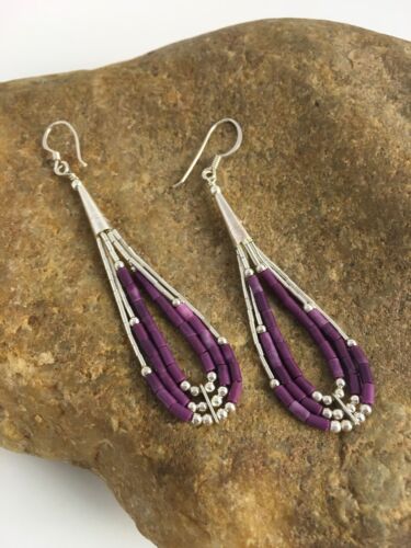 Native American Sugilite Heishi Tube Dangle Earrings | Sterling Silver | 2" | 8874