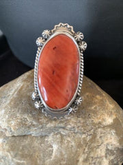 Southwestern Women's Navajo Red Spiny Oyster Ring | Sterling Silver | Sz 8 | 1003