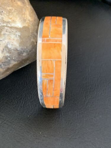Native American Zuni Orange Spiny Oyster Inlay Cuff Bracelet | Sterling Silver | 12097