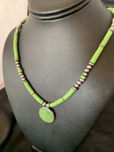 Navajo Green Gaspeite Turquoise Pendant | Sterling Silver | Authentic Native American Handmade | 12344