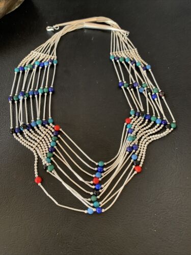 Native American Multi-Color Liquid Heishi Necklace | 10 Strand Sterling Tubes | 17" | 12623