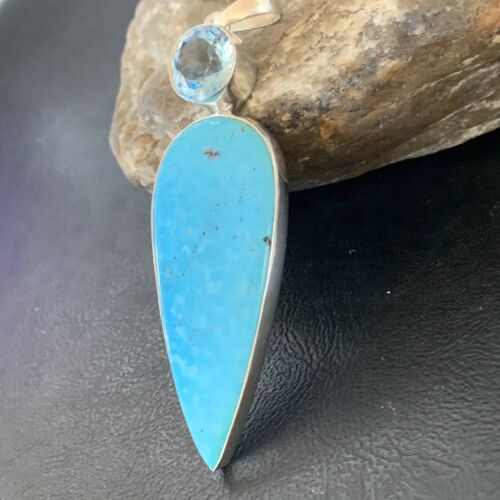 Navajo Blue Topaz Turquoise Multi-Stone Pendant | Authentic Native American Sterling Silver | 3.5" | 10712