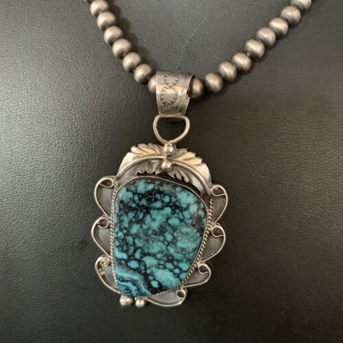 Navajo Spiderweb Turquoise Pendant Necklace | Sterling Silver | 2.25" | Authentic Native American Handmade | 13978