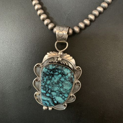 Navajo Spiderweb Turquoise Pendant Necklace | Sterling Silver | 2.25" | Authentic Native American Handmade | 13978