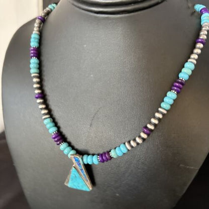 Navajo Blue Turquoise Sugilite Pendant | Sterling Silver Inlay Necklace | Authentic Native American Handmade | 14642