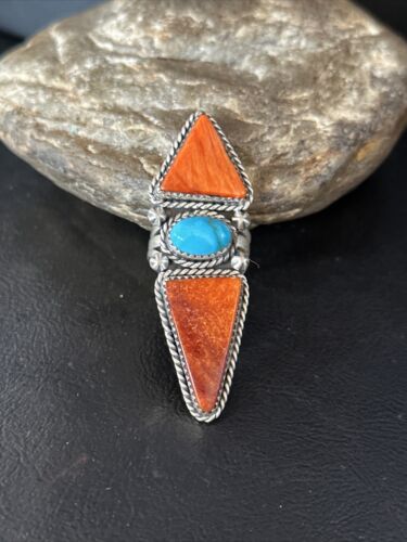 Navajo Orange Spiny Oyster Multi-Stone Ring | Authentic Native American Sterling Silver | Multi-Stone | Sz 7 | 14507