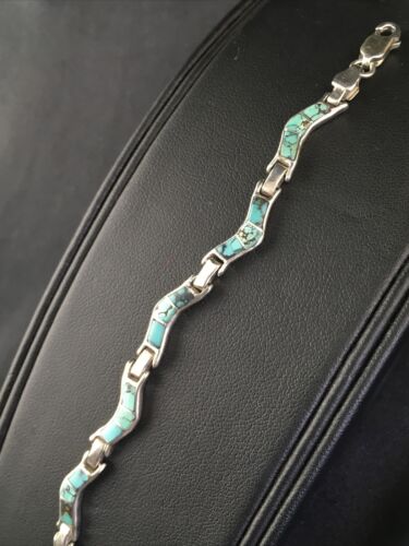 Native American Women's Sterling Silver Turquoise Inlay Link Bracelet | 6.75" | 2031