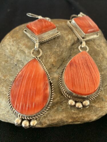Navajo Red Spiny Oyster Dangle Earrings | Sterling Silver | Authentic Native American Handmade | 203