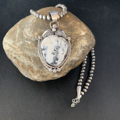White Buffalo Turquoise Pendant Necklace | Sterling Silver | Navajo | Authentic Native American Handmade | 14053