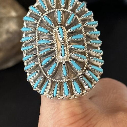 Zuni Blue Turquoise Cluster Ring | Authentic Native American Sterling Silver | Multi-Stone Needle Point | Sz 10 | 14566