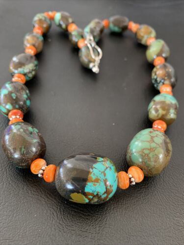 Navajo Green Turquoise & Orange Spiny Oyster Necklace | Sterling Silver | 23" | 1845