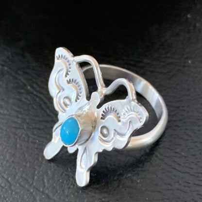 Navajo Blue Turquoise Butterfly Ring | Sterling Silver | Sz Adj 7 | Authentic Native American Handmade | 10677
