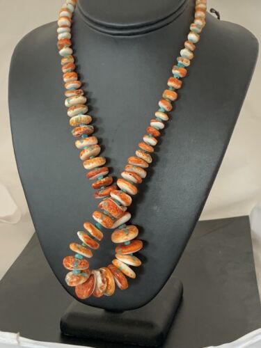 Authentic Navajo Orange Spiny Oyster & Turquoise Necklace | Sterling Silver | 22" | 194