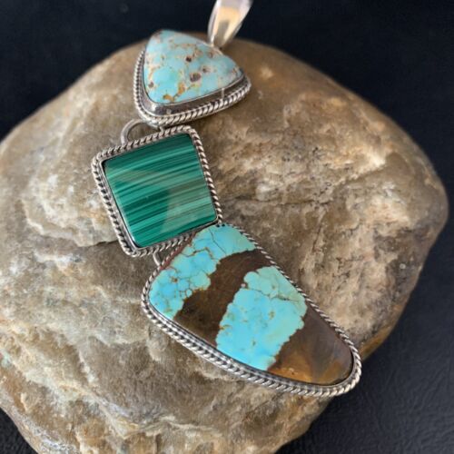 Navajo Pearls Necklace Pendant | Sterling Silver | Blue Turquoise #8 Malachite | Native American Handmade | 13500