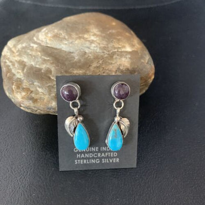 Navajo Sterling Silver Dangle Leaf Earrings | Purple Sugilite & Blue Turquoise | Handmade 13453