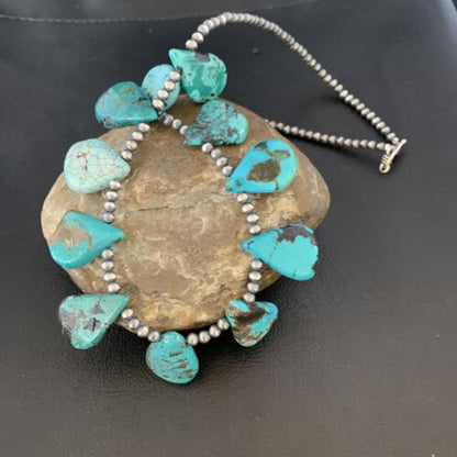 Southwestern Navajo Pearls Necklace | Sterling Silver Blue Turquoise Teardrop | 13151