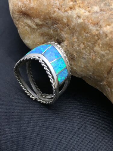 Native American Navajo Blue Opal Inlay Ring | Sterling Silver | Sz 7.75 | 2785 - Masha USA