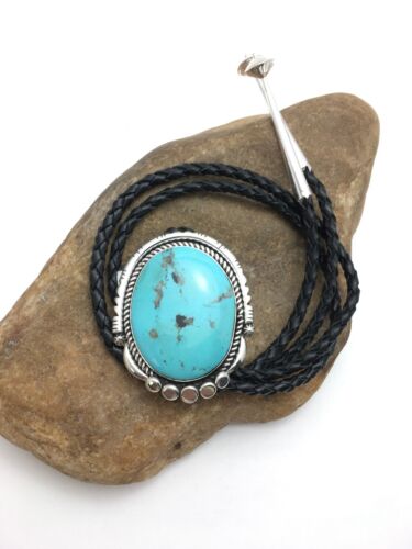 Southwestern Bolo Tie | Navajo Kingman Turquoise | Sterling Silver | Handmade by Yazzie | 2995