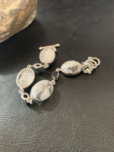 Native American Sterling Silver Smoky Quartz White Howlite Link Bracelet | 8" | 11656