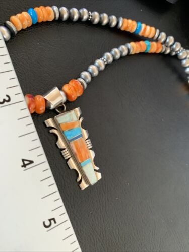 Navajo Turquoise Spiny Oyster Inlay Pendant | Sterling Silver | Authentic Native American Handmade | 11800