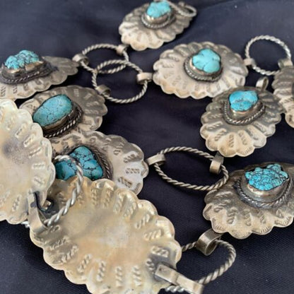 Navajo Blue Turquoise Concho Belt | Sterling Silver | Authentic Native American Handmade | 1570