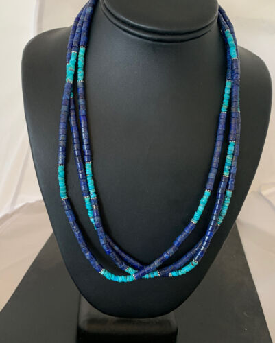 Navajo Lapis & Turquoise 3 Strand Necklace | Sterling Silver | 21" | Authentic Native American Handmade | 1011