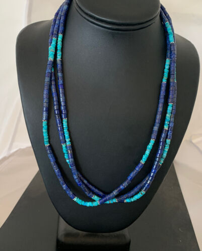 Navajo Lapis & Turquoise 3 Strand Necklace | Sterling Silver | 21" | Authentic Native American Handmade | 01011