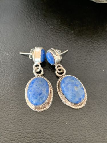 Navajo Denim Lapis Dangle Earrings | Sterling Silver | 1.1" | Authentic Native American Handmade | 1701