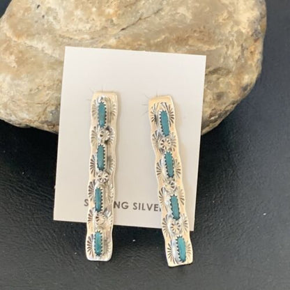 Turquoise Navajo Sterling Dangle Earrings | Handmade | 2" Long | 12121
