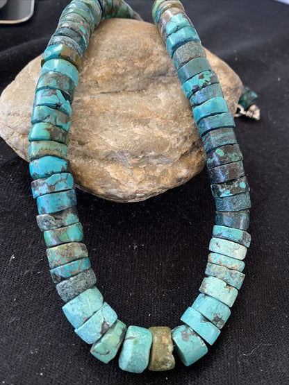 Native American Blue Green Turquoise Heishi Necklace | 9mm | Sterling Silver | 20" | 872