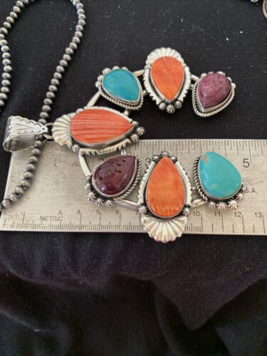 Navajo Sterling Silver Necklace with Turquoise & Spiny Oyster Naja Pendant | 00791
