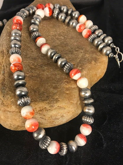 Navajo Spiny Oyster Beads Necklace | Sterling Silver | 21" | Authentic Native American Handmade | 8533