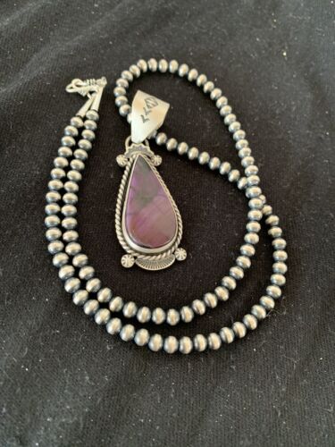 Navajo Purple Sugilite Pendant with Pearls | Sterling Silver Necklace | Authentic Native American Handmade | 4928