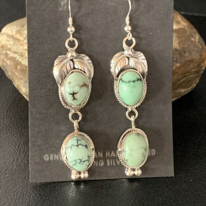 Navajo Green Spiderweb Turquoise Dangle Earrings | Sterling Silver | Authentic Native American Handmade | 13551