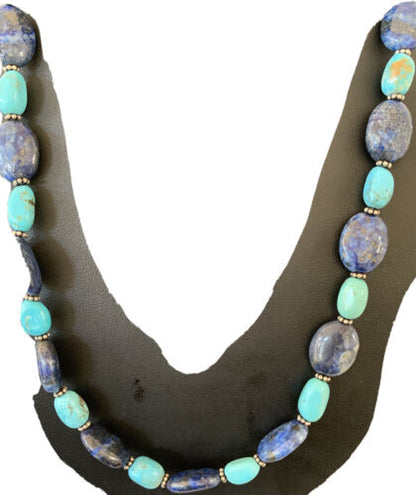 Navajo Denim Lapis & Turquoise Beads Necklace | Sterling Silver | Authentic Native American Handmade | 20" | 01038