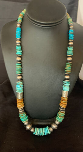 Navajo Blue Green Turquoise Barrel Beads Graduated Necklace | Sterling Silver | Authentic Native American Handmade | 26" | 12673