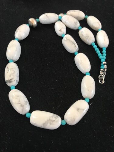 Navajo White Howlite Turquoise Beads Necklace | Sterling Silver | 22" | Authentic Native American Handmade | 10241