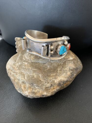 Navajo Sterling Silver Watch Cuff Bracelet | Blue Turquoise & Coral | Authentic Native American Jewelry | 12169