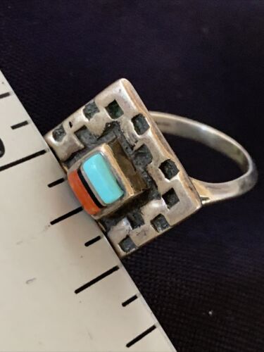 Native American Women's Navajo Blue Turquoise Coral Inlay Ring | Sz 8 | 13132