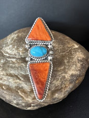 Navajo Orange Spiny Oyster Multi-Stone Ring | Authentic Native American Sterling Silver | Multi-Stone | Sz 7 | 14507